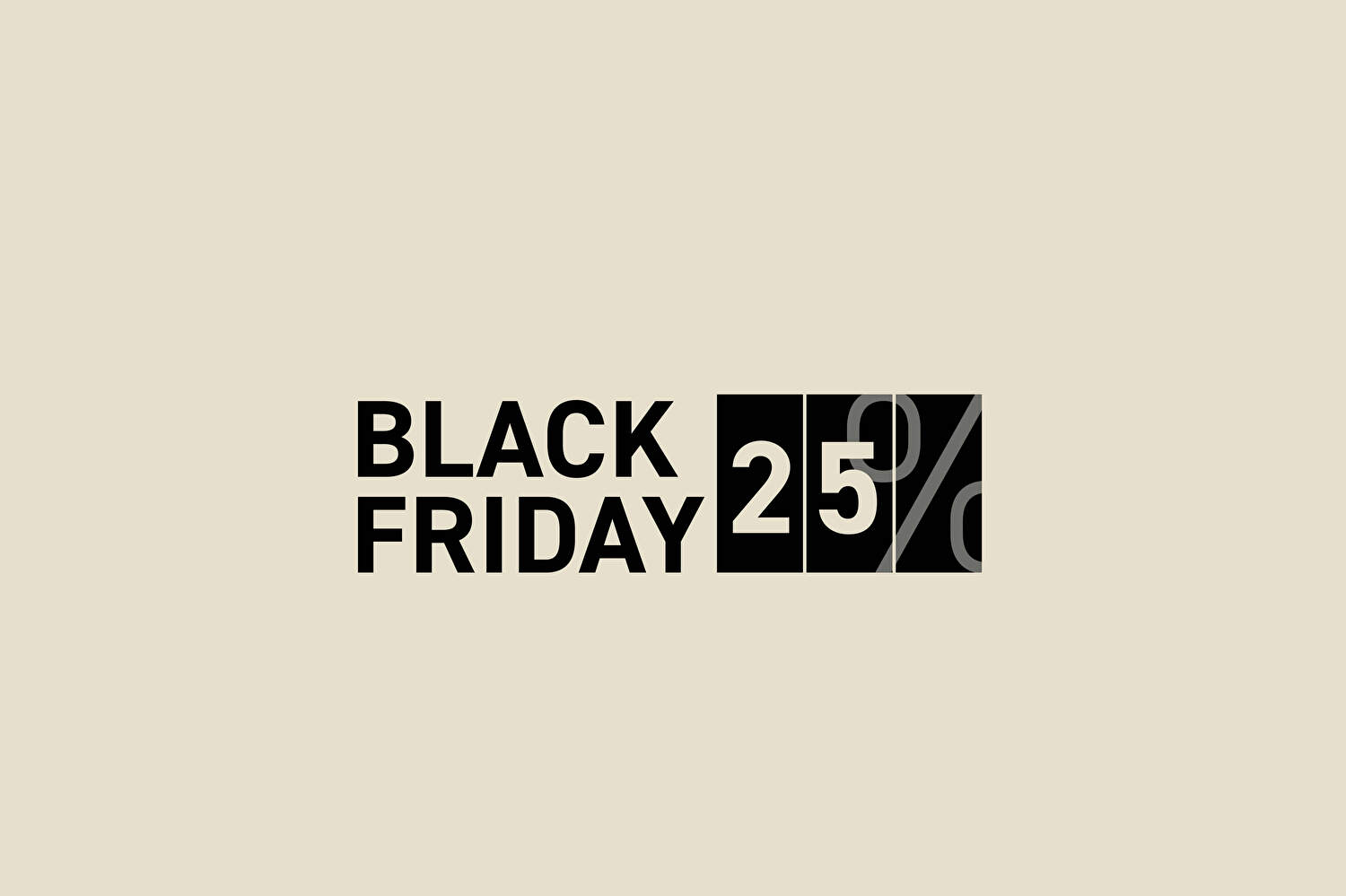 Promotionele Black Friday-afbeelding met de tekst ‘Black Friday 25%’, waarbij het kortingspercentage wordt weergegeven in zwarte blokken
