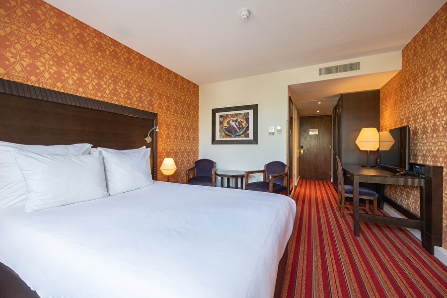 Overview of the Single Room with double bed, seating area, and workspace.