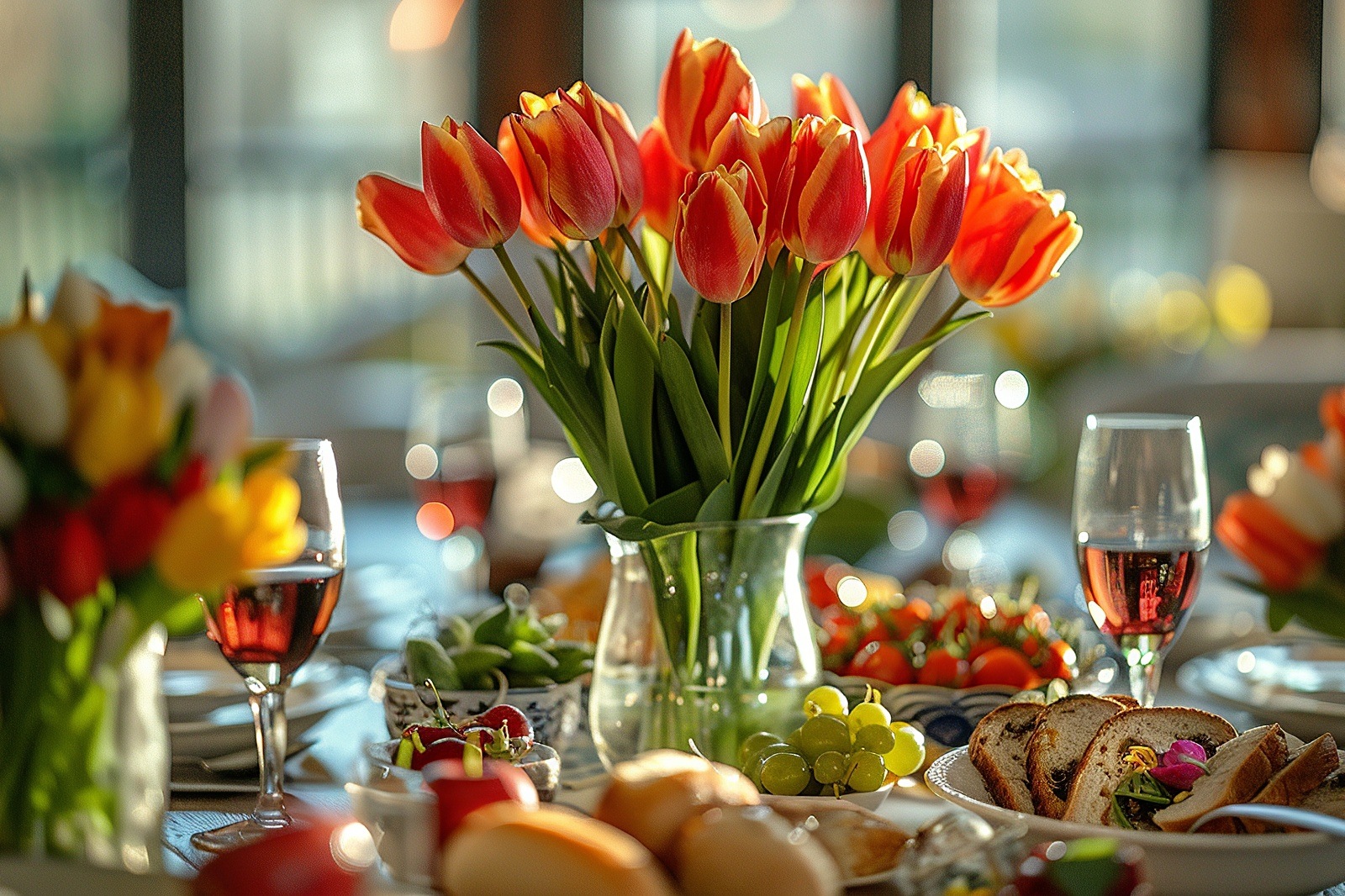 Een volle sfeervolle tafel gedekt met hapjes en drankjes zoals druiven, aardbeien en brood, in het midden van de tafel staat een vaas met oranje met gele tulpen.